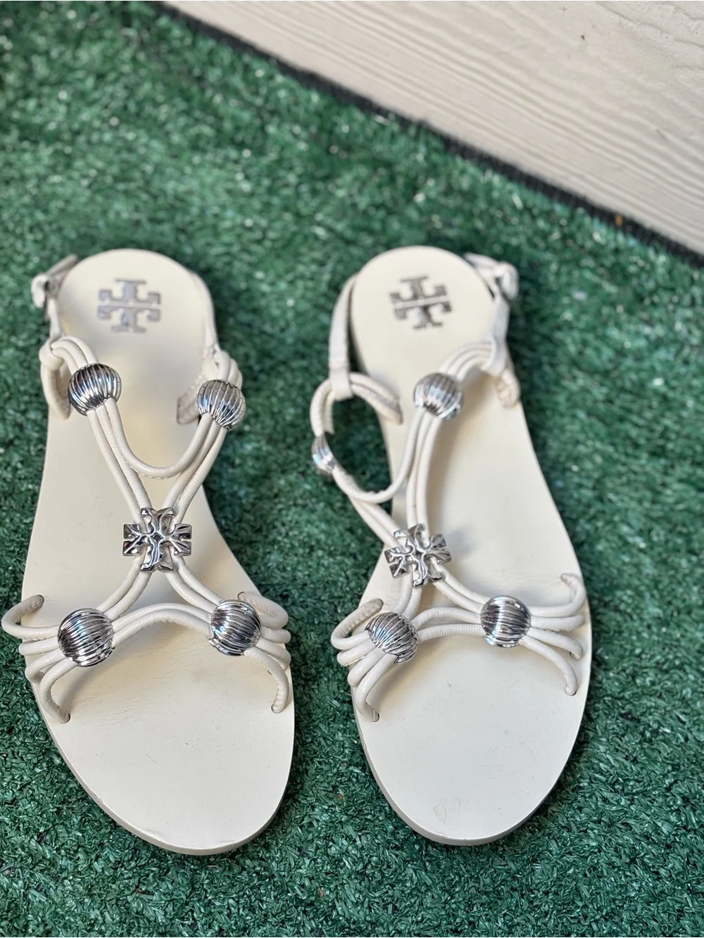 Tory Burch White Leather Sandals with Silver-Tone Accents